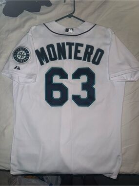 Majestic White Mariners Montero #63 Jersey with Teal/Navy Trim
